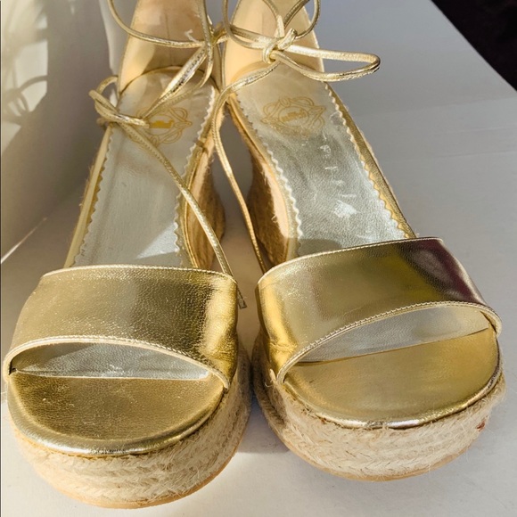 Elle Shiny gold leather sandals tie-up espadrille wedges with high platform US10 - Picture 6 of 12